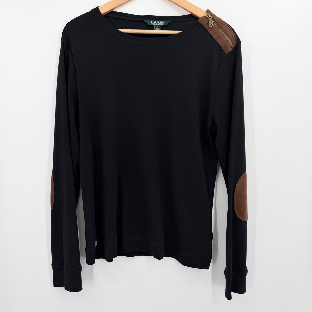 Lauren Ralph Lauren Black Long Sleeve Top Faux Suede Elbow Patch Zipper XL - Picture 2 of 8